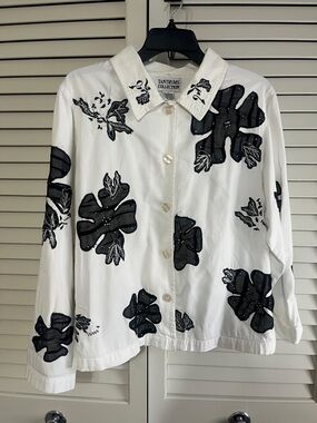 Tantrums White Jean Jacket with Black Floral Appliqué and Pockets